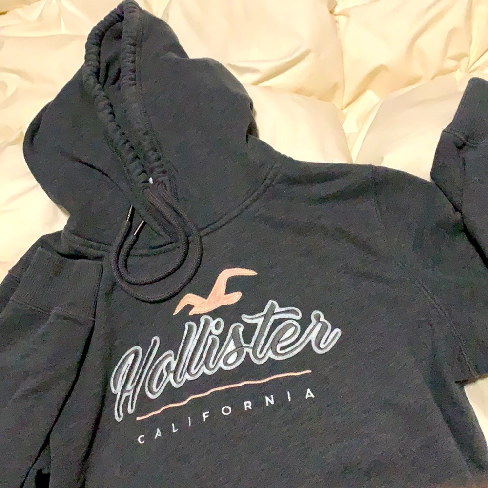 Hollister hoodie L charcoal gray & pale pink logo